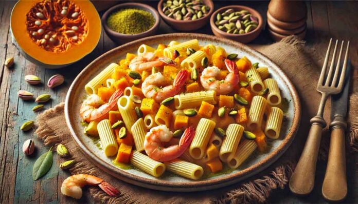 pasta con zucca, gamberi e pistacchi,